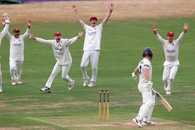 The Northants slip cordon appeal for an lbw decision against Kent's Ben Compton
