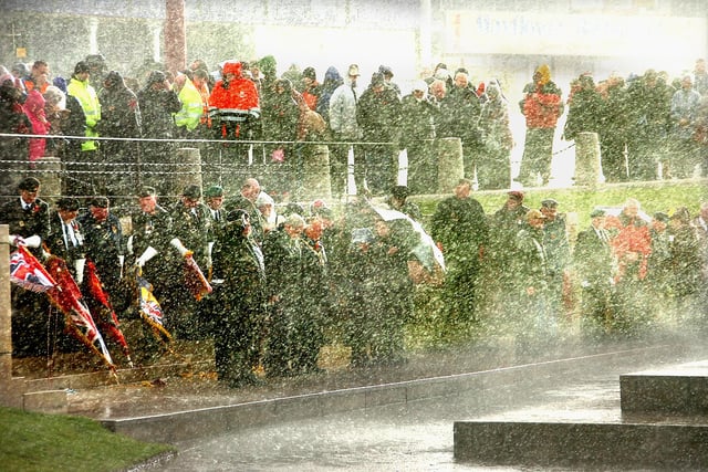 Remembrance Service in gale force winds and torrential rain at Blackpool Cenotaph in 2010