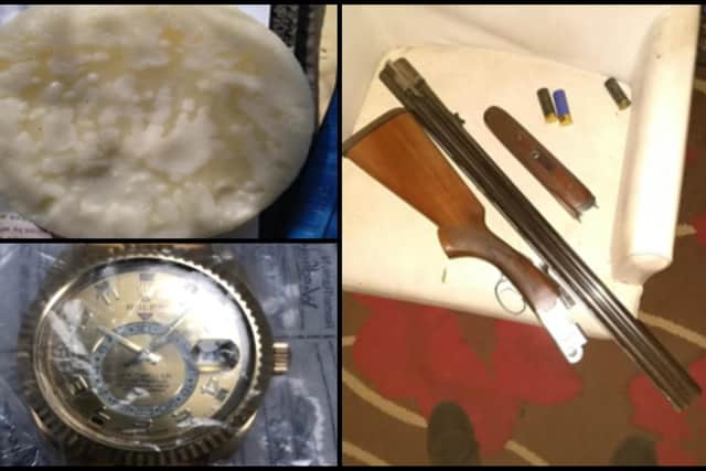 Class A drugs, a gold Rolex and a shotgun found in the raid. Picture: Bedfordshire Police
