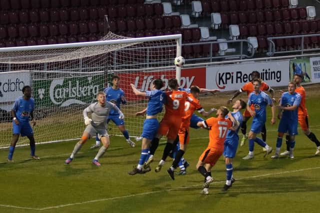 Action from Cogenhoe's NFA Hillier Senior Cup final defeat to Peterborough Sports at Sixfields on Tuesday (Picture: Paul Jackson / cogenhoeunitedfc.co.uk)