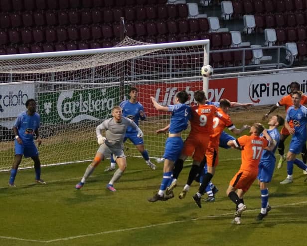 Action from Cogenhoe's NFA Hillier Senior Cup final defeat to Peterborough Sports at Sixfields on Tuesday (Picture: Paul Jackson / cogenhoeunitedfc.co.uk)