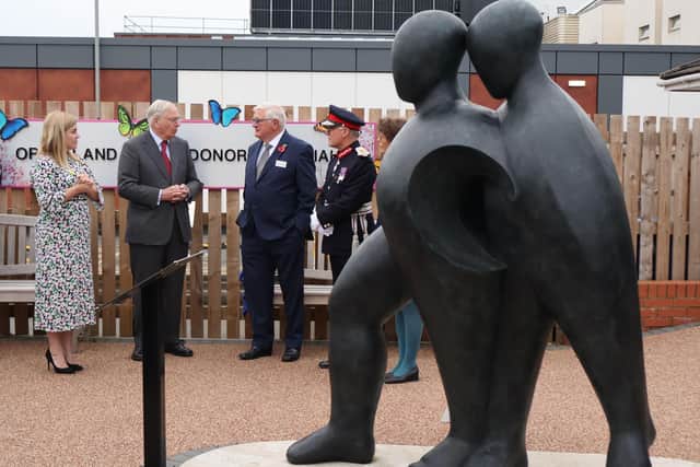L to R, Laura Churchward (UHN CEO), HRH, Peter Martin (chair of the Organ Donation Committee), Mr. Alan Boaden (President St John Ambulance Northamptonshire), Beatrice Hoffman (Sculptor)