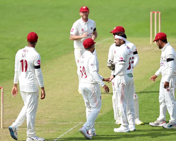 Siddharth Kaul celebrates with his Northants team-mates after claiming one of his four wickets against Gloucestershire (Picture: Peter Short)