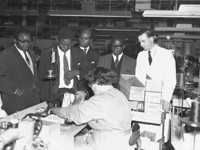 December 4, 1959, four MPs from Ghana tour Barratt's shoe factory in Northampton