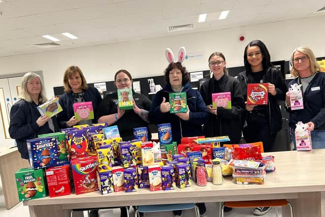 Mother Christmas with Easter eggs collected from M&S Rushden Lakes. Jayne Barnes and her team 90 eggs in total