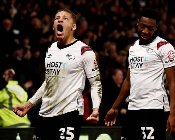 Dwight Gayle of Derby County celebrates after scoring his team's first goal during the Sky Bet League One match between Derby County and Reading at Pride Park Stadium on March 12, 2024 in Derby, England. (Photo by Naomi Baker/Getty Images)