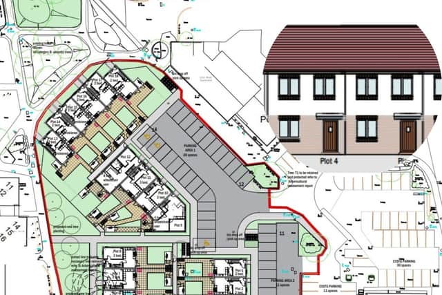 The site plan for the former Ecton Brook care home and an artist's impression of the terraced houses (inset). Photo: NPH.