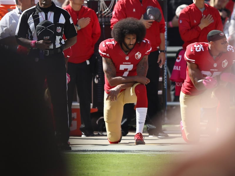 In the 2016 pre-season, San Francisco quarter-back Colin Kaepernick took a knee during the national anthem as opposed to the tradition of standing. It was the start of a protest movement that spread throughout the NFL. The protest drew stinging criticism and led to his departure from the 49ers.