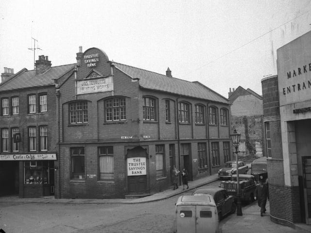 Drapery, Northampton and Jos Tebbutt's Printing Works building and entrance to the Fish Market, February 11, 1959
