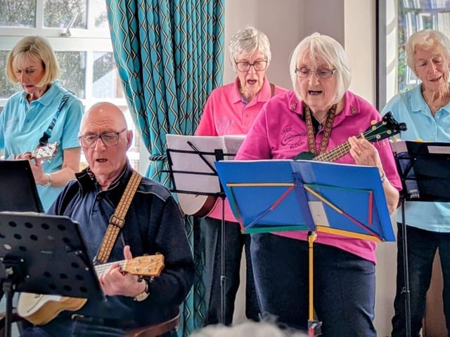 Ukes Aloud provide joyful entertainment for the residents and staff at Brampton View Care Home