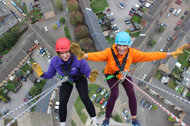 Fundraisers Liz Pratt and Karen Potts bravely took on on the 418ft descent