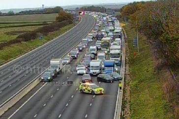 The M1 is closed between Junction 14 and 15. Photo: Motorway Cameras.