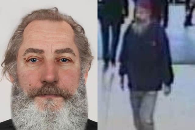 Left: Living depiction of the unnamed man (credit: Hew Morrison Forensic Art) and right: CCTV of the man before he died.