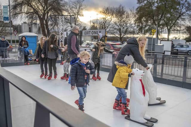 West Northamptonshire Council (WNC) has put on a free ice skating rink at the temporary market, as part of festivities in 2023.