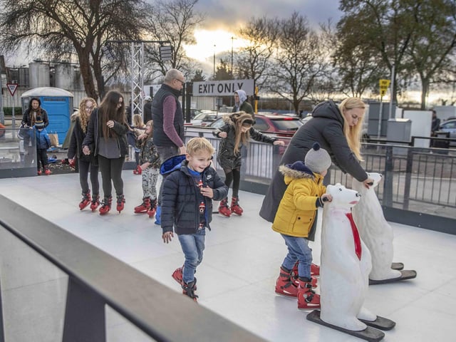 West Northamptonshire Council (WNC) has put on a free ice skating rink at the temporary market, as part of festivities in 2023.