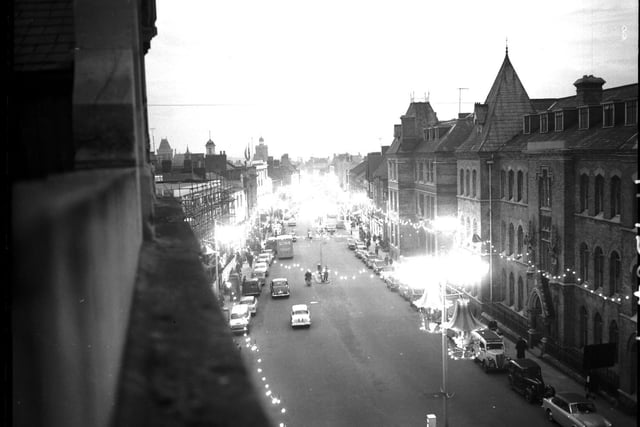 Abington Street, Northampton, Christmas lights, November 28, 1960. On the right is the Notre Dame Convent School, demolished in 1979.