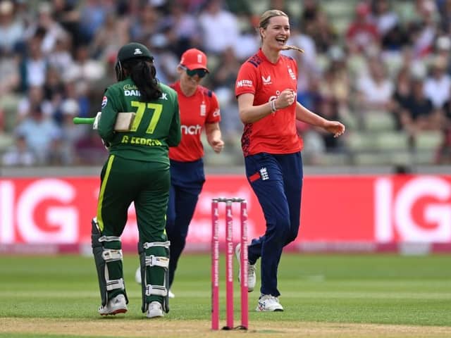 England fast bowler Lauren Bell celebrates one of her three wickets in Saturday's win over Pakistan