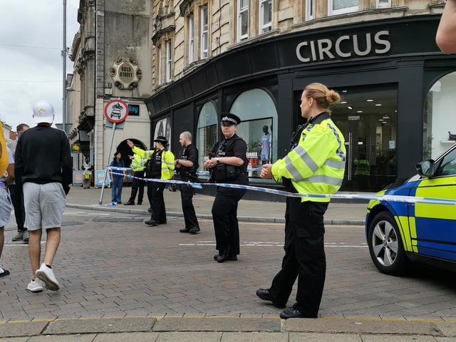 The scene in Northampton town centre today (Tuesday) as police and bomb squad units deal with "suspicious object" found in doorway near Market Square