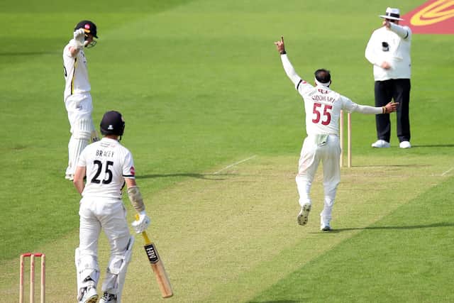 Siddharth Kaul claims the wicket of James Bracey (Picture: Peter Short)