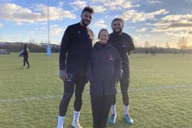 Catherine Deans, Managing Director of Northampton Saints Foundation, is pictured with Northampton Saints teammates, Courtney Lawes and Lewis Ludlam