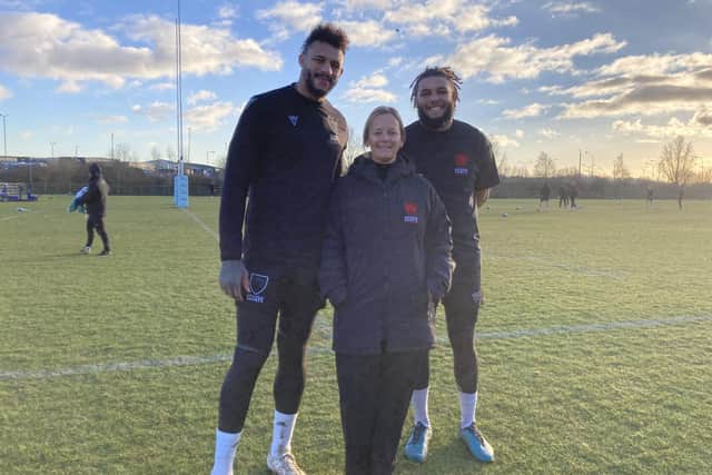 Catherine Deans, Managing Director of Northampton Saints Foundation, is pictured with Northampton Saints teammates, Courtney Lawes and Lewis Ludlam