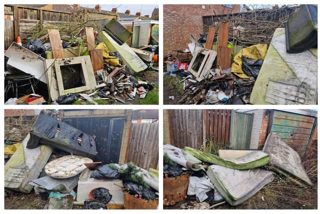 The rubbish sits at the back of the property in an alleyway between Abbey Road and Thirlestone Road in Far Cotton