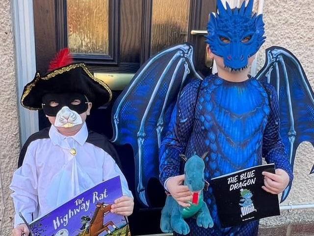 Harry, aged nine as the Blue Drago, and Cohen, aged five, as the Highway Rat.