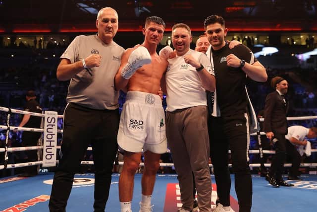Kieran Conway with his dad James and the rest of the Team Shoe-Box staff (Picture: Mark Robinson/Matchroom Boxing)