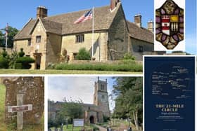 Sulgrave Manor - ancestral home of George Washington/ The Washington coat of arms featuring stars and stripes/Benjamin Franklin's ancestor's Ecton grave/St Mary's church in Ecton and the new book The 21-mile Circle: Origin of America by Steve Willis/National World