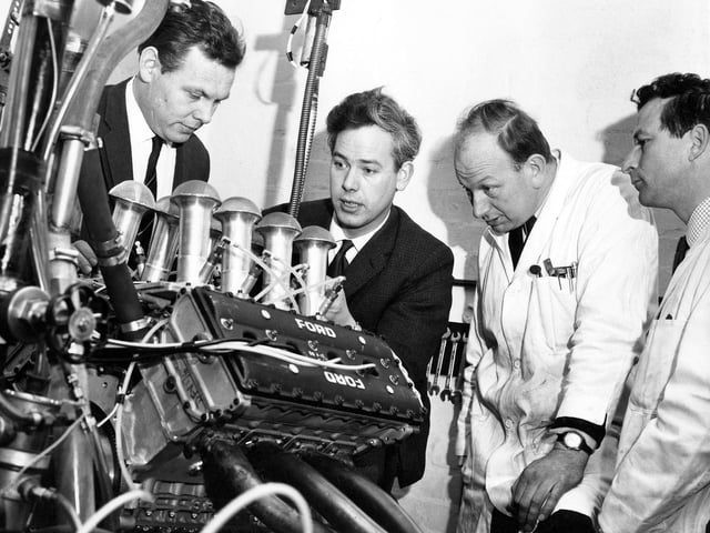 Left to right the design and development team of the Ford Cosworth V8 engine in 1967: Bill Brown, Keith Duckworth, Mike Costin and Ben Rood on 20th February 1970 at Cosworth Engineering in Northampton, United Kingdom. (Photo by Grand Prix Photo/Getty Images)