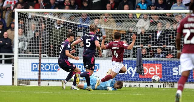Cobblers felt they should have had a penalty in first half stoppage-time on Saturday when Jack Sowerby was brought down by Stevenage goalkeeper Taye Ashby-Hammond. Pictures: Pete Norton.