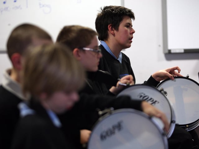 Abbeyfield School drumming workshop, led by former pupil Tom Nicholson.