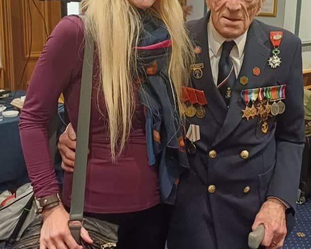 Helen Frost pictured with D-Day veteran Alec Penstone at the D-Day 80 launch in London..