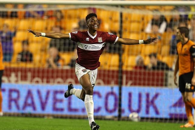 Ivan Toney celebrates scoring for the Cobblers in a League Cup win at Wolves in August, 2014