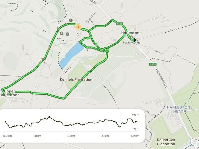 Discover this 4.2-km circular trail near Northampton, Northamptonshire - an easy route with 88m of elevation gain, typically taking around 1 hour and 3 minutes to complete. Popular for hiking and walking, it still offers quiet moments during off-peak times, with the best visits between December and May. The trail winds through countryside, farmland and woodland, with potential wildlife sightings. Use caution when crossing the golf course and on rough sections, especially in wet weather - sturdy footwear is recommended. Please note: Parking at the trailhead pub is for customers only. Alternative parking is available on Church Lane near the church, or in a small lay-by on the A428 south of the Church Lane turnoff.
