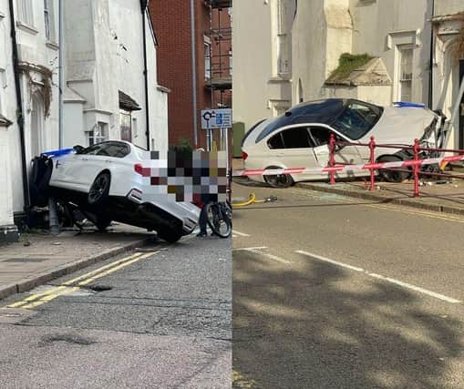 Occupants fled from the scene after a car crashed into a building in Daventry town centre.