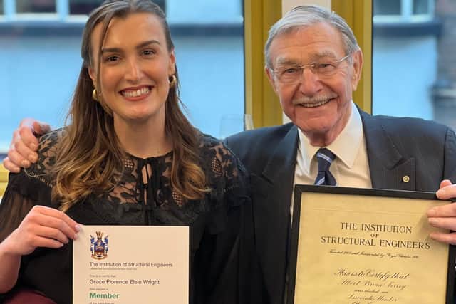Grace Pearson and Brian Norrey with their IStructE certificates.