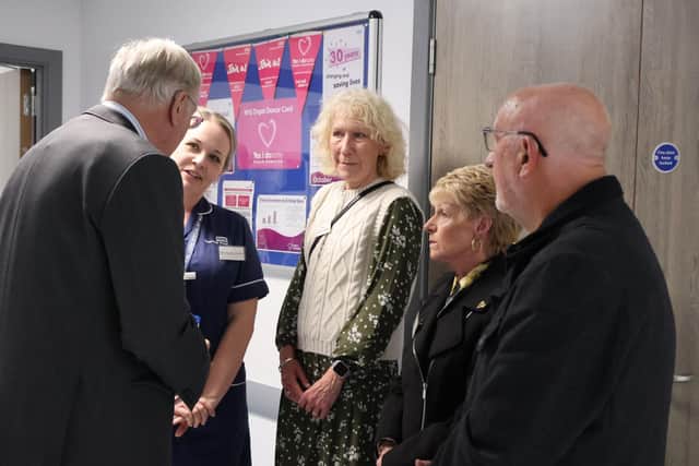 – L to R, HRH His Royal Highness, The Duke of Gloucester, Hayley Timms (Specialist Nurse - Organ Donation), Kristina Haggar (lung transplant recipient), Janet Creamer (Donor family member), Geoff Creamer (Donor family member).