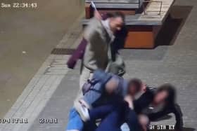 Shocking footage shows Ryan Maxwell repeatedly hitting a man with a wrench in Kettering High Street. Image: Northamptonshire Police