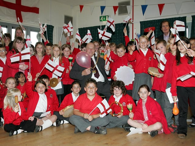 Pupils from Wootton Primary School and Northampton Mayor Colin Lill celebrating St George's Day and launching Proms in the Park, at Wootton Community and Sports Centre. Picture taken in 2007