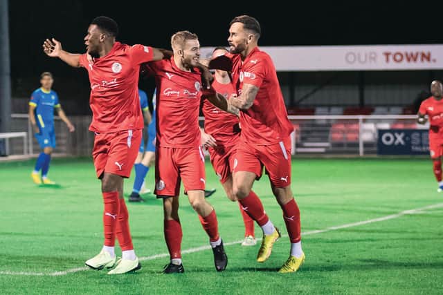 Callum Stead celebrates one of his two goals in Brackley Town's 2-0 victory over Peterborough Sports on Tuesday night. Picture by Josh Nesden