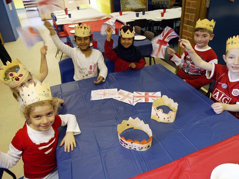 2006 - Castle Primary School pupils holding a street party for Queen's coronation as a part of a history lesson. Pictured left to right, Beki Sadria, 5, Abigail Caborn, 5, Kahdiza Begum, 5, Fahmeda Rahman, 6, Francesko Kaceli, 7 and Aidan Button, 7.