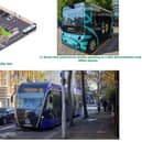 Some of the proposals for the strategy include mobility hubs (top left), autonomous shuttle buses (top right), and a tram system (bottom).