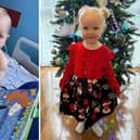 Aurora when she was in hospital with Kawasaki Disease aged nine months, to now as a healthy one-year-old.