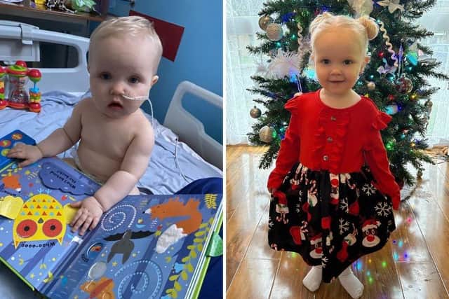 Aurora when she was in hospital with Kawasaki Disease aged nine months, to now as a healthy one-year-old.