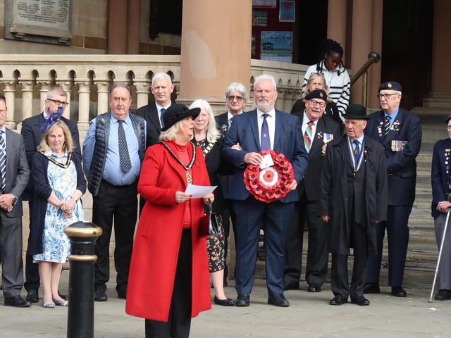 A flag raising service took place at The Guildhall, followed by service in the memorial gardens at All Saints Church, on Thursday May 8.