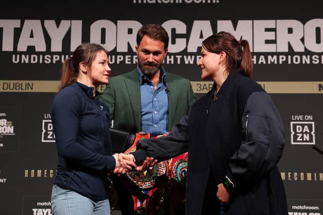 Katie Taylor and Chantelle Cameron shake hands at the press conference to launch their fight in Dublin in May (Picture: Mark Robinson Matchroom Boxing)