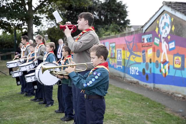 The Hardingstone Scout band played the national anthem at the unveiling, which was attended by the Deputy Mayor of Northampton Councillor Stephen Hibbert, the muralist and members of the community. Photo: Kirsty Edmonds.