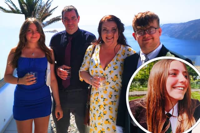 Chloe Longster (left) with dad Dave, mum Louise and Chloe's elder brother. Inset: Chloe was a pupil at Robert Smyth Academy. Images: The Longster family.