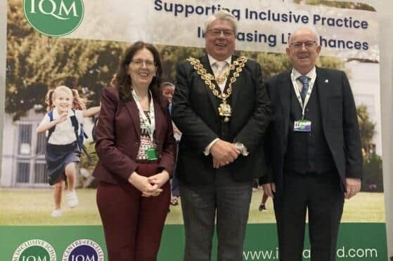 Joe and Eilish McCann from Inclusion Quality Mark with the Lord Mayor of Birmingham, Cllr Ken Wood.